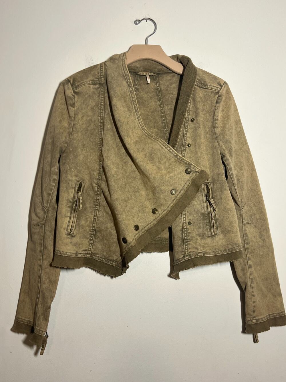 Free People EUC Khaki Collapsing Twill Asymmetrical Moto Jacket S